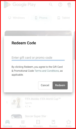 ادخال كود بطاقة جوجل بلاي